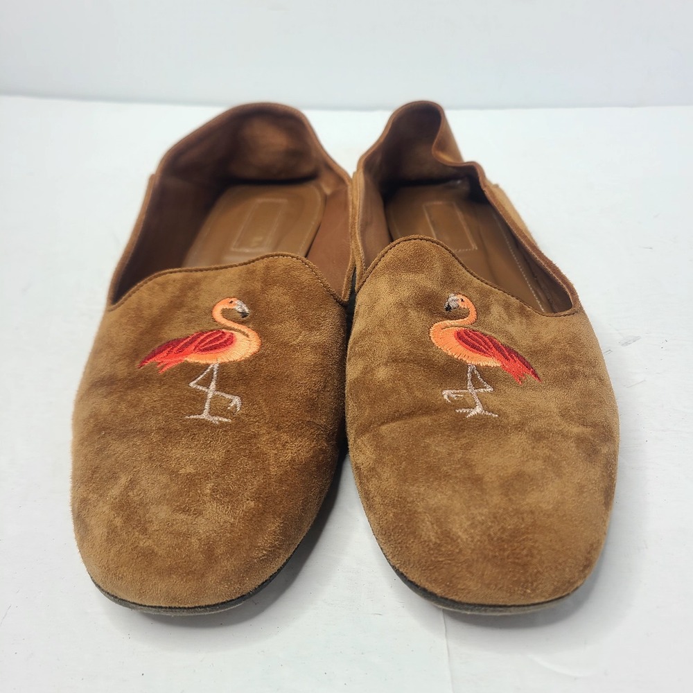 Aquazzura Firenze Flamingo Embroidered Suede Loafers Flats Brown Size 39 - Picture 4 of 9